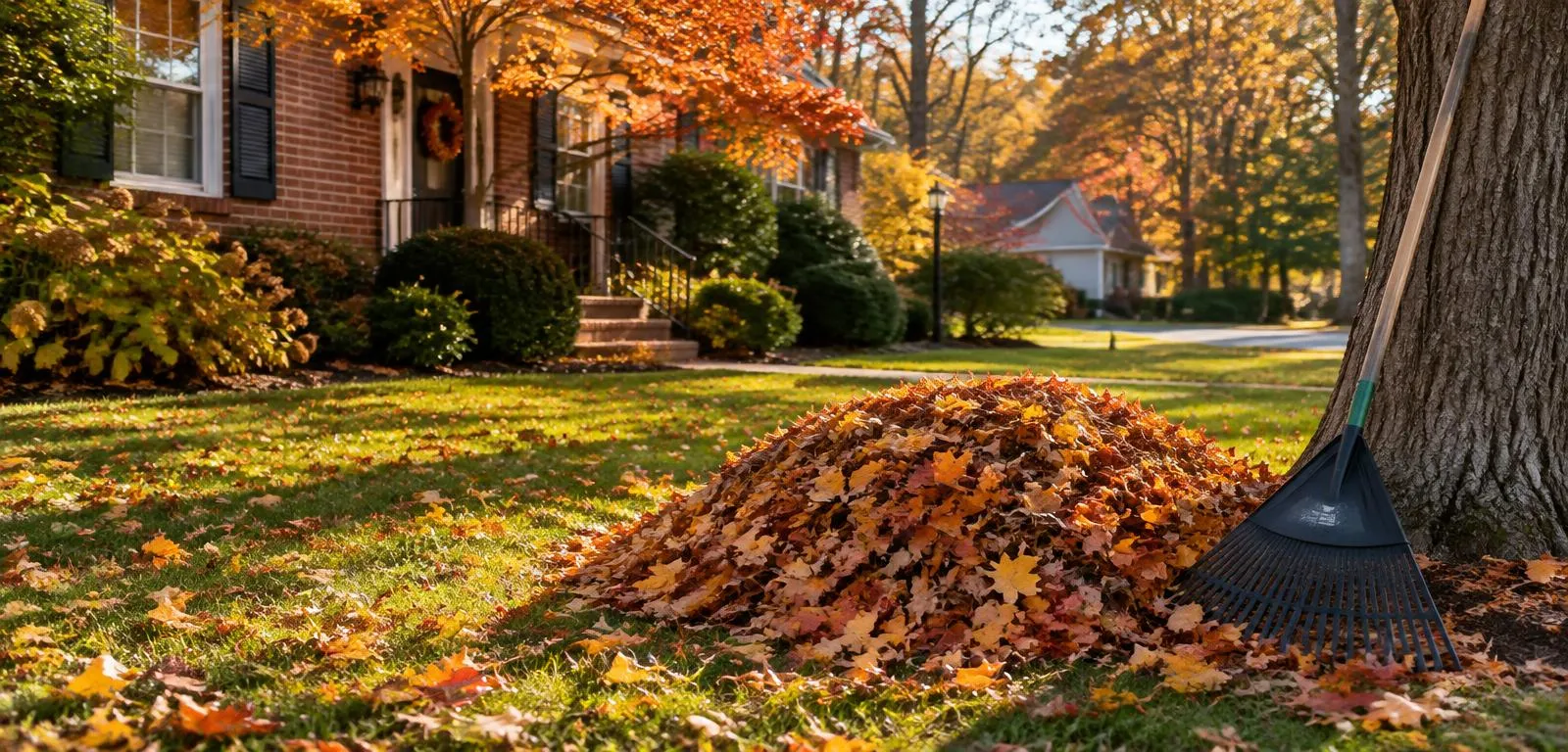 Raked pile of colorful fall leaves on a front lawn in Harford County, MD